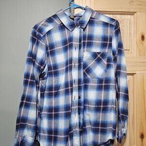 Eddie Bauer Blue and White Plaid Women's Button Down Flannel
